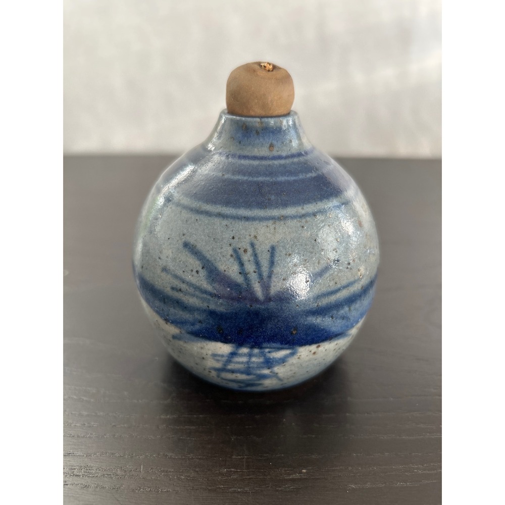 Vintage Studio Pottery Oil Lamp Blue Grey Stoneware Signed Hand Thrown Glazed - Picture 1 of 6